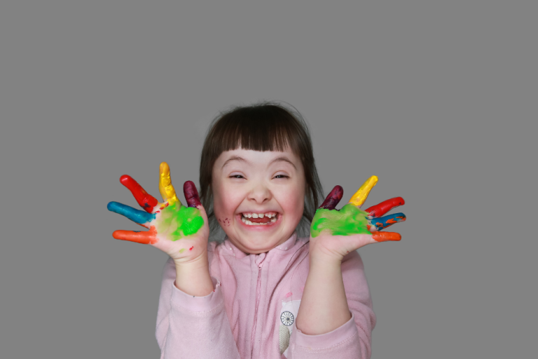 Little Girl, Down Syndrome, smiling, happy, painted hands